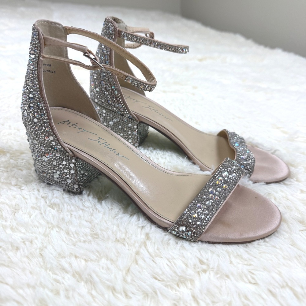 Betsey Johnson Mari Sandal Womens 7M Rhinestone Block Heel Sparkly Wedding